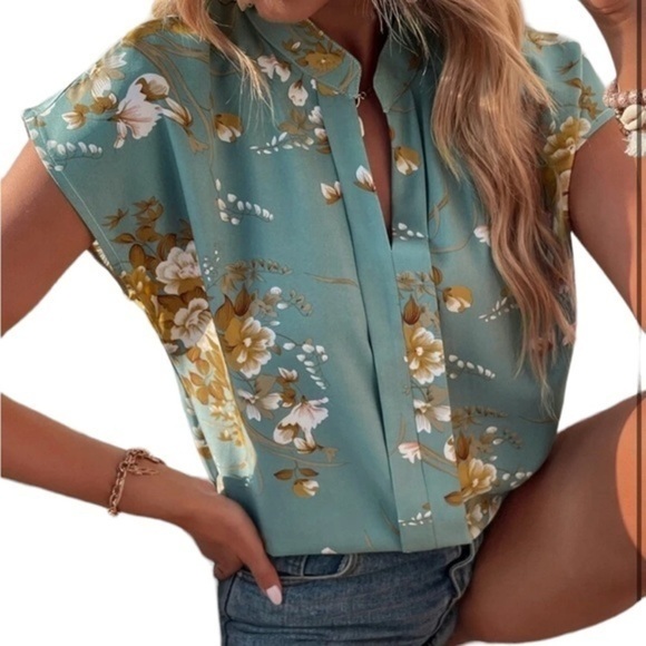 Shein Floral Printed Notched Neck Blouse Cadet Blue Medium - Picture 10 of 10
